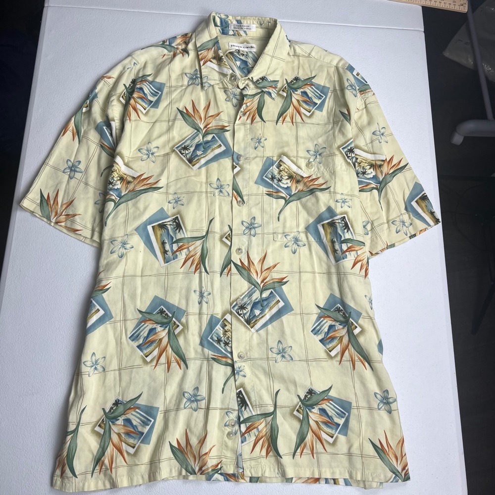 Pierre Cardin Mens Large Rayon Tropical Bird of Paradise Postcard Aloha Shirt